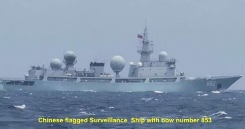 The Philippines military's Western Mindanao Command released this photo of a Chinese-flagged warship with bow number 853, which was monitored in Philippine waters on Aug. 4, 2019. [Handout/Western Mindanao Command]
