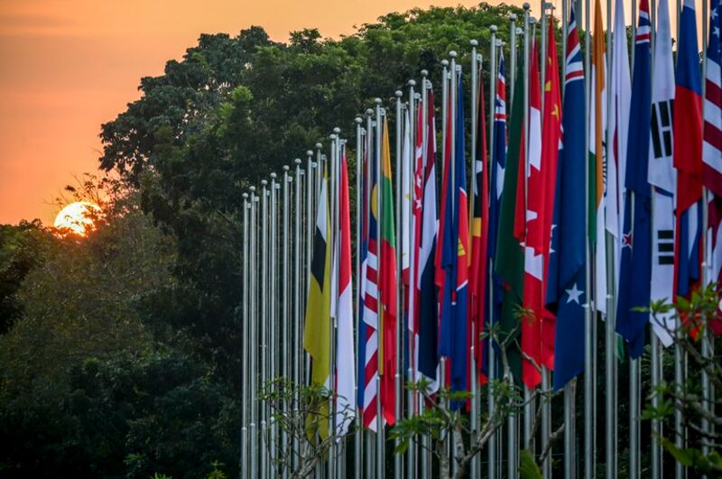 Bendera negara-negara peserta KTT ASEAN ke-43 tampak dipasang di Jakarta, 7 September 2023. [Bay Ismoyo/Pool/AFP]