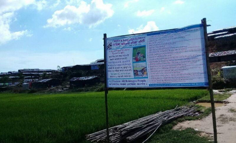 A banner listing 21 pre-conditions made by a Rohingya group for the repatriation of refugees to Myanmar is seen at the Kutupalong camp in Ukhia, in Bangladesh's Cox's Bazar district, Jan. 19, 2018. (Tushar Tohin/BenarNews)