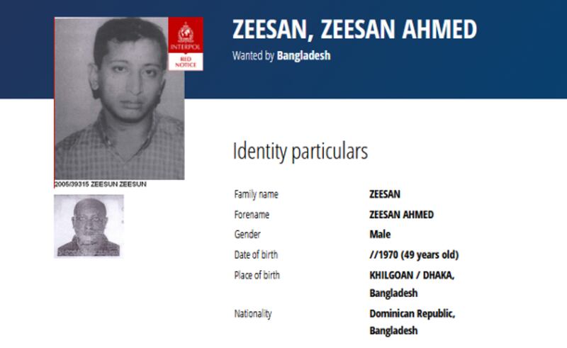 রেড নোটিশ থাকা ব্যক্তি হিসেবে ইন্টারপোলের ওয়েবসাইটে জিসানের নাম।