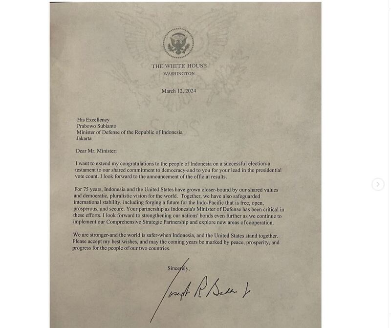 Surat dari Presiden AS Joe Biden yang diunggah di akun Instagram Prabowo Subianto. [Prabowo Subianto via Instagram]