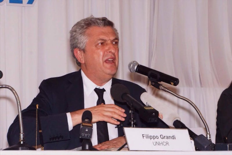 UNHCR commissioner Filippo Grandi talks to reporters at the Anantara Bangkok Hotel, July 7, 2017. (Nontarat Phaicharoen/BenarNews)