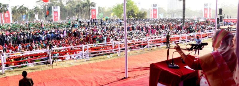 বঙ্গবন্ধুর ঐতিহাসিক ৭ মার্চের ভাষণ উদ্যাপন অনুষ্ঠানে বক্তব্য রাখছেন শেখ হাসিনা। ৭ মার্চ ২০১৮।