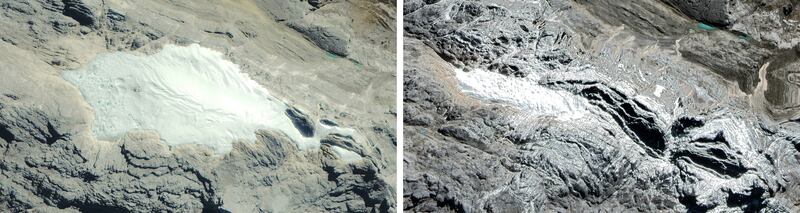 These side-by-side photos of the glacier on the peak of Puncak Jaya in Papua, Indonesia, show how it appeared in June 2002 (left) compared with in June 2022. [Maxar Technologies]