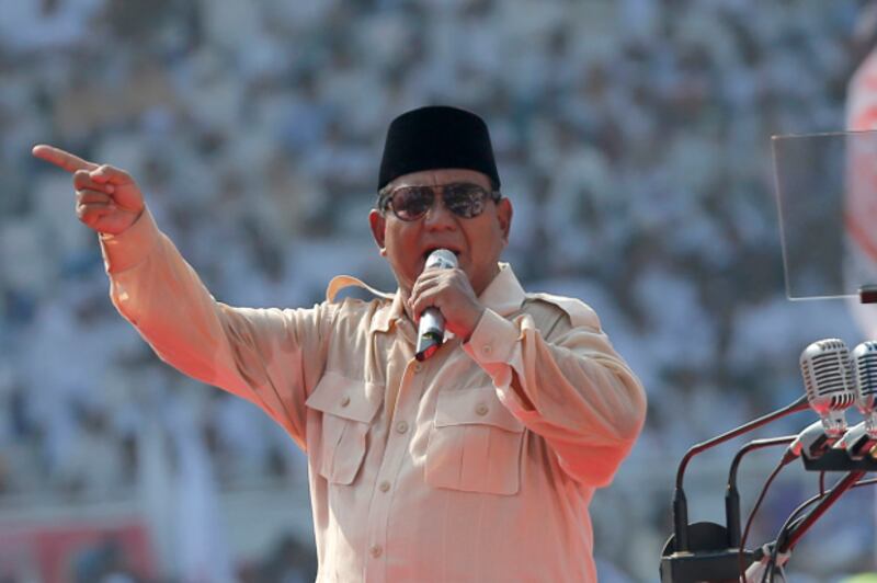 Indonesian presidential candidate Prabowo Subianto speaks to supporters during a campaign rally at Gelora Bung Karno Stadium in Jakarta, April 7, 2019. [AP]