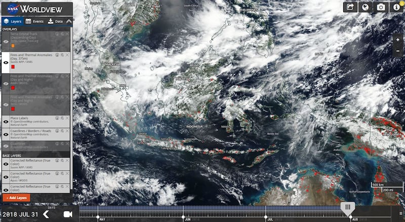 Satellite imagery provided by NASA shows fires and hotspots in Indonesia and neighboring countries. (Courtesy NASA Worldview)