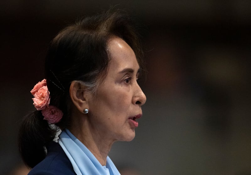 Myanmar leader Aung San Suu Kyi addresses judges of the International Court of Justice on the second day of three days of hearings in a genocide lawsuit against her country, at The Hague, Netherlands, Dec. 11, 2019. [AP]