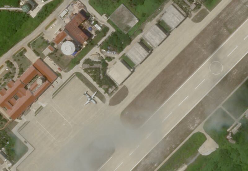 A plane that looks like a KJ-500 early warning aircraft sits on the apron of Woody Island's massive airstrip, June 27, 2020. (PlanetLabs Inc.)