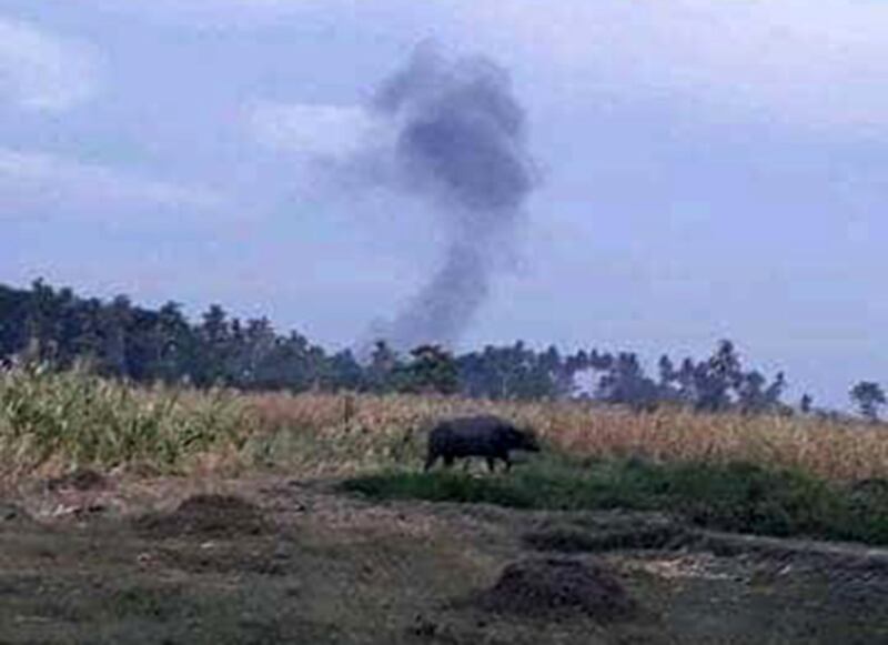 A plume of smoke is seen in the wake of a military artillery assault against suspected pro-Islamic State militants in Shariff Saydona Mustapha town in Maguindanao province, March 13, 2019. [HO/Philippine Army]