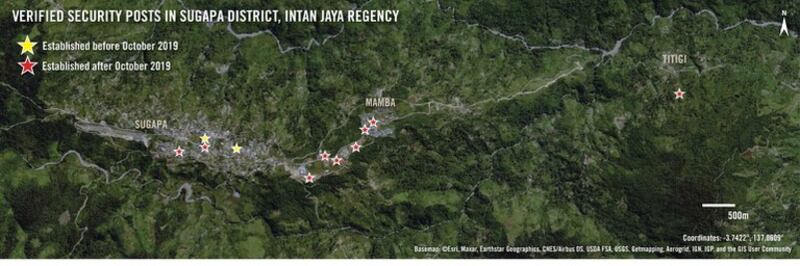 Map yang menunjukkan lokasi 11 pos keamanan - sebagian besar didirikan setelah Oktober 2019, di distrik Sugapa, kabupaten Intan Jaya, Papua. [Handout dari Amnesty International]