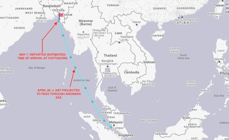 This map shows the projected route of the J. Nat after its position was last tracked by shipping software as it passed through the Strait of Malacca on April 22. The ship has since turned off its transponder. [MarineTraffic]