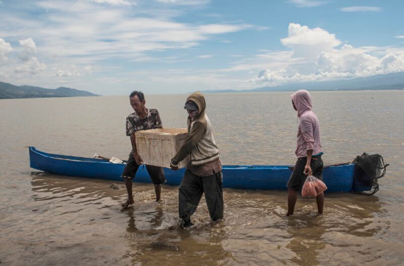 Dua warga mengangkat kotak gabus berisi udang kecil dari perahu di pantai Kelurahan Lere, Kota Palu, Sulawesi Tengah, 23 Juni 2019. (Keisyah Aprilia/BeritaBenar)