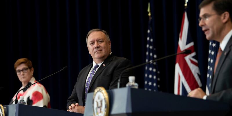 Australia's Foreign Minister Marise Payne and U.S. Secretary of State Mike Pompeo listen while U.S. Secretary of Defense Mark Esper speaks during a press conference at the U.S. Department of State following bilateral talks in Washington, July 28, 2020. (Reuters)