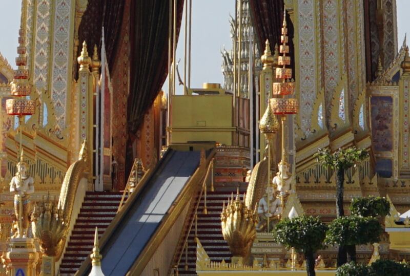 King Bhumibol Adulyadej's body will be cremated in the royal pyre (top center), Oct. 21, 2017. [Pimuk Rakkanam/BenarNews]