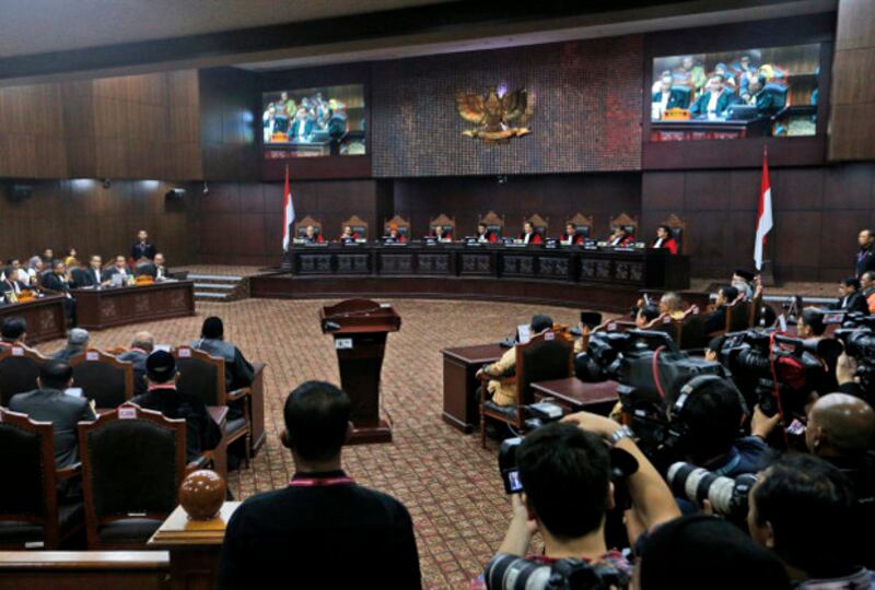 Judges preside over the final hearing on a court challenge to the results of April's presidential election, at the Constitutional Court in Jakarta, June 27, 2019. [AP]