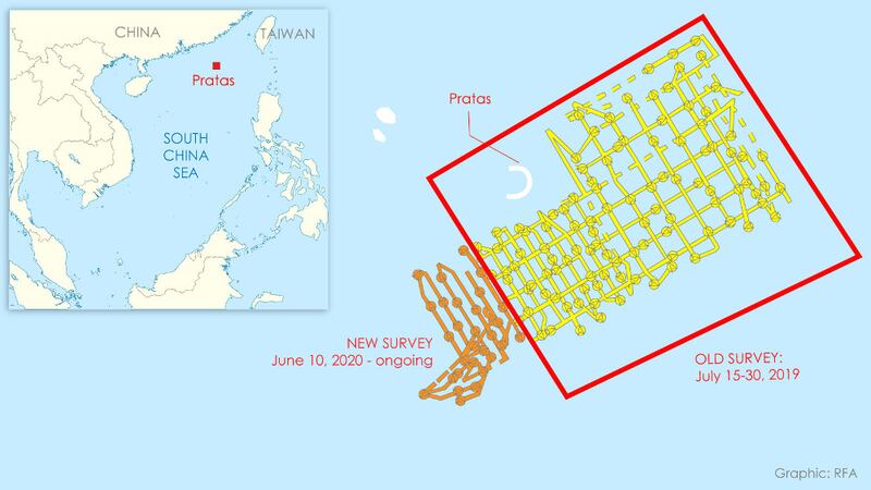 The path of Chinese survey ships near the Taiwan-occupied atoll of Pratas, shown by MarineTraffic ship-tracking software. The current survey by the Hai Yang 9 appears to be a continuation of a survey started last year in the same area.