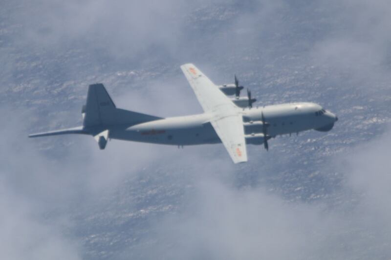 This Y-8 antisubmarine warfare plane belonging to the People's Liberation Army Air Force was spotted flying near Pratas island on Oct. 11, 2020. (Ministry of National Defense, Republic of China)