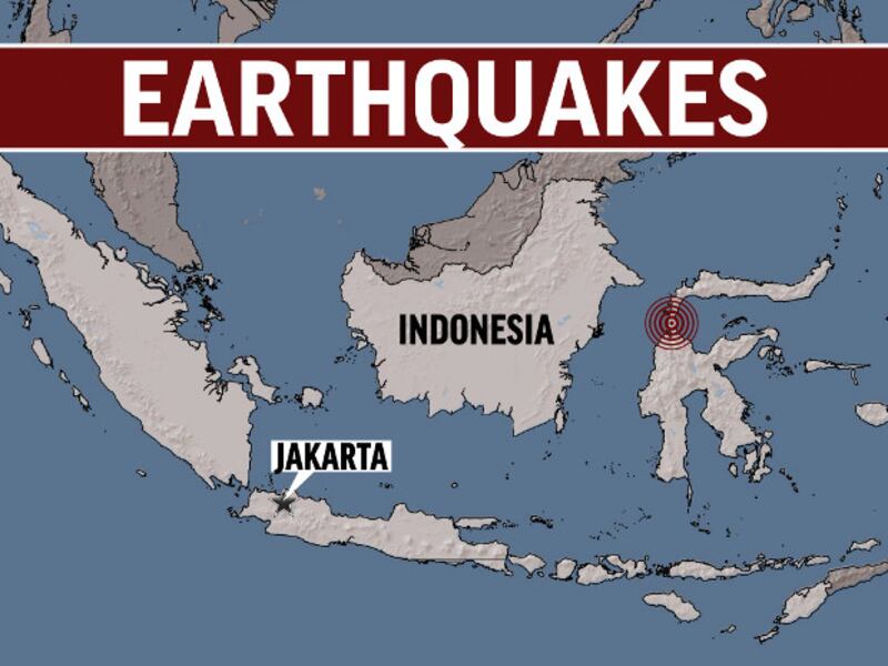 Graphic shows the location of two earthquakes that struck Central Sulawesi in Indonesia on Friday, Sept. 28, triggering a tsunami. [AP]