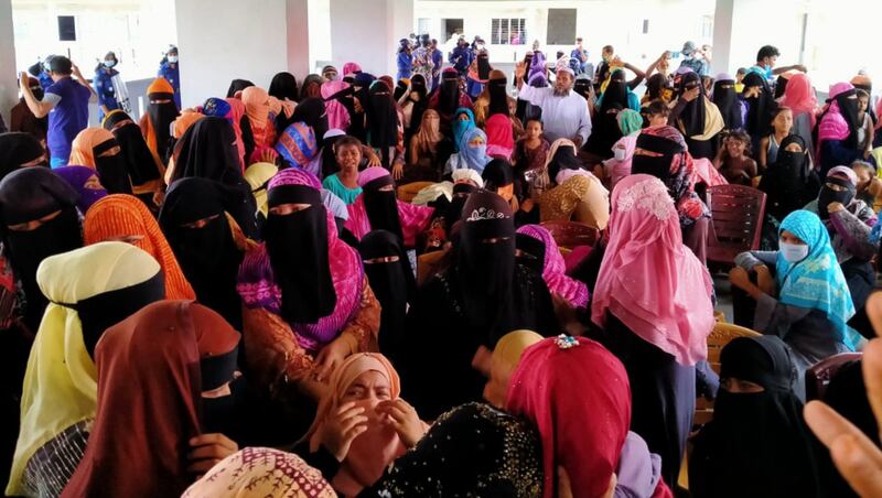 Rohingya living in Bhashan Char since May cry upon meeting the delegation from Cox's Bazar, Sept. 6, 2020. [Courtesy of Rohingya delegate Mohammad Kalam]