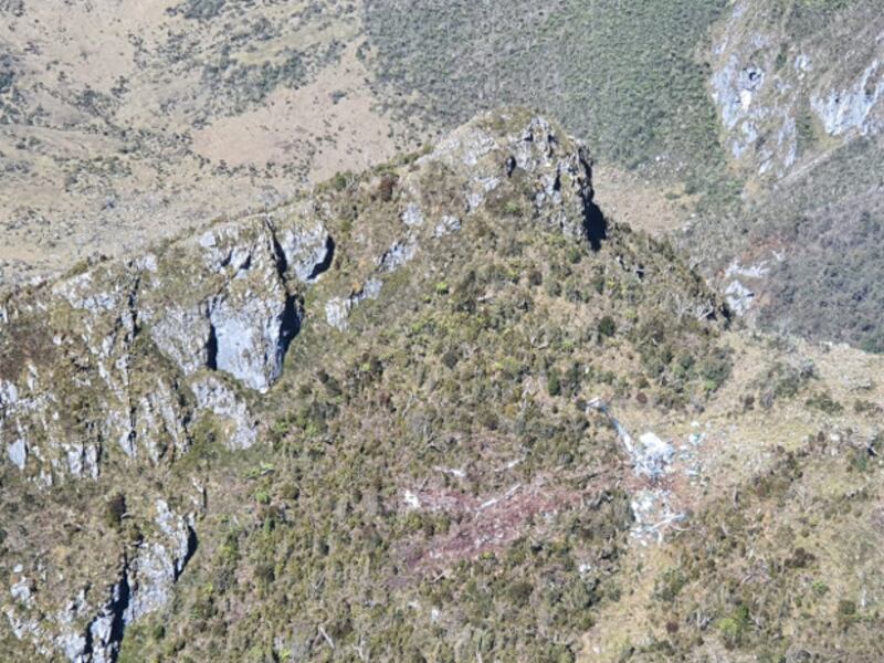 An aerial photo shows the wreckage of a Russian-made Mi-17 Indonesian Army helicopter that crashed in Pegunungan Bintang Regency in Papua province, Feb. 10, 2020. [Handout/Papua Region Military Command Information Bureau]