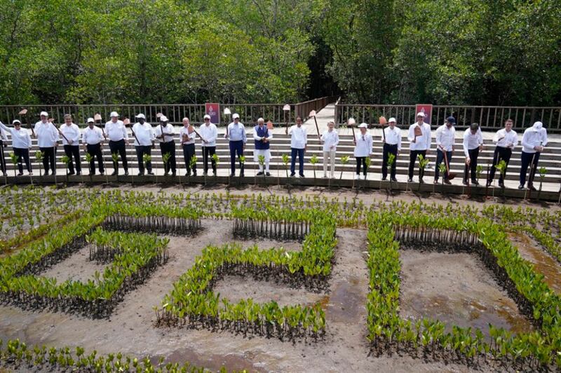 Para pemimpin mengangkat cangkul untuk foto bersama saat acara penanaman pohon mangrove di Taman Hutan Raya Ngurah Rai, di sela-sela pertemuan KTT G20, dekat Denpasar, Indonesia, 16 November 2022 [Alex Brandon, Pool/AP]