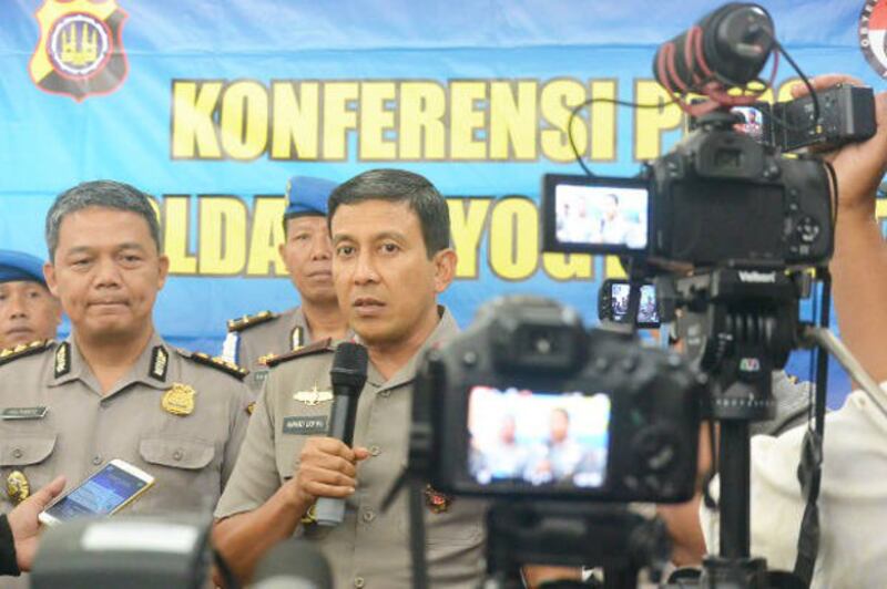Yogyakarta Police Chief Ahmad Dhofiri speaks to reporters about Sunday's attack, Feb. 12, 2018. (Kusumasari Ayuningtyas/BenarNews)