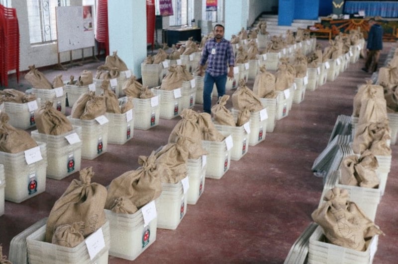 Voting materials including ballot boxes are seen inside a distribution center in Dhaka ahead of Bangladesh's 11th general election, Dec. 29, 2018. [Reuters]
