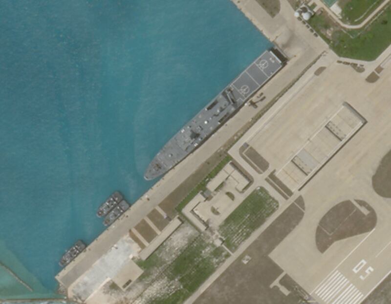 Satellite imagery shows what appears to be an amphibious assault transport ship of the Chinese Navy docked at Woody Island in the South China Sea, June 27, 2020. [PlanetLabs Inc.]