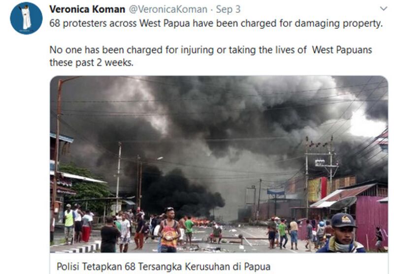 Salah satu cuitan Veronica Koman mengenai Papua dalam twitternya pada 3 September 2019. [@VeronicaKoman]