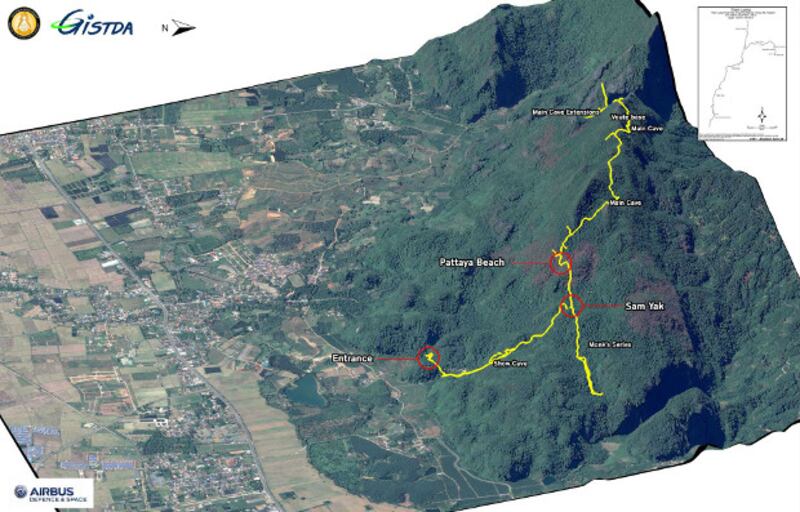 A map from Geo-Informatics and Space Technology Development Agency shows sections of the Tham Luang cave in the northern province of Chiang Rai, Thailand. (GISTDA)
