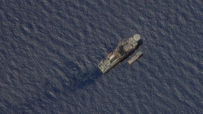 This satellite image shows the Malaysian-contracted drillship West Capella accompanied by the Executive Stride, a supply vessel, in the South China Sea, April 22, 2020. [Planet Labs Inc.] 