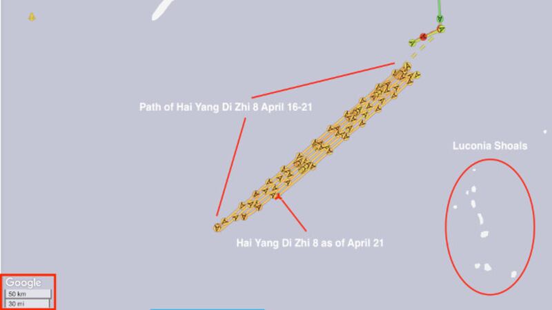 A graphic representation of the path of the Chinese survey ship Hai Yang Di Zhi 8 since it arrived off the coast of Malaysia on April 16. (MarineTraffic with annotation by BenarNews)