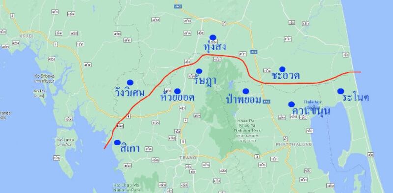 โครงการขุดคลองไทย 9A กำหนดระยะทาง 135 กิโลเมตร เริ่มจากฝั่งอันดามัน ทิศตะวันตก และตัดออกทะเลอ่าวไทย ทิศตะวันออก โดยผ่านห้าจังหวัด จาก กระบี่ ตรัง นครศรีธรรมราช พัทลุง และสงขลา - แหล่งข้อมูล สมาคมคลองไทยเพื่อการศึกษาและพัฒนา และคณะอนุกรรมาธิการพิจารณาศึกษาการขุดคลองไทย (แผนที่ : เบนาร์นิวส์)