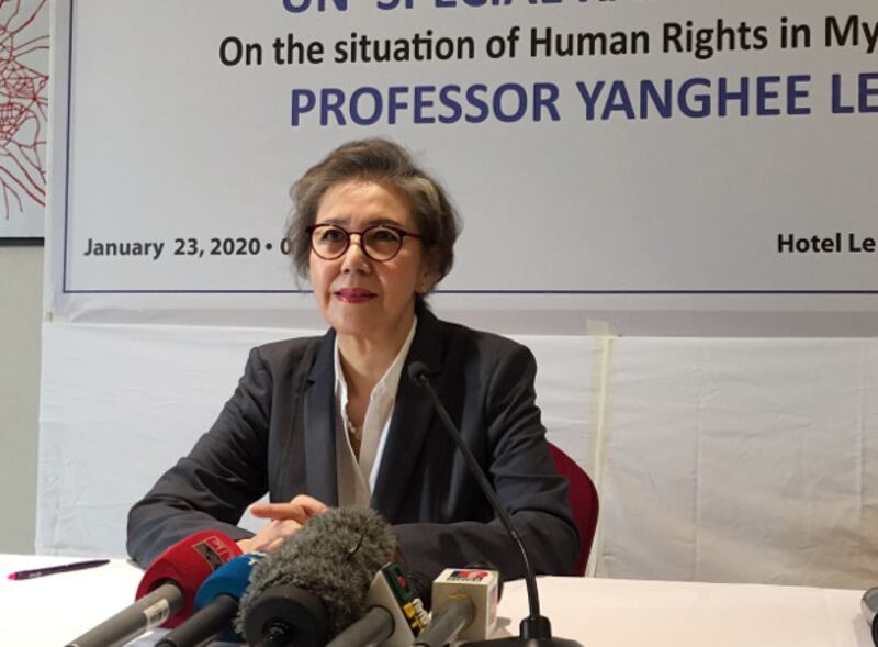 Yanghee Lee, the U.N.'s special rapporteur on human rights in Myanmar, appears at a news conference in Dhaka, as she prepares to end her six-year assignment for the United Nations in March, Jan. 23, 2020. [Megh Monir/BenarNews] 