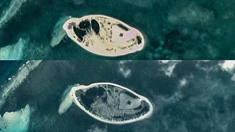 West Sand is seen on May 14, 2020, (above) and on Oct. 6, 2020 (below). [Planet Labs Inc.]