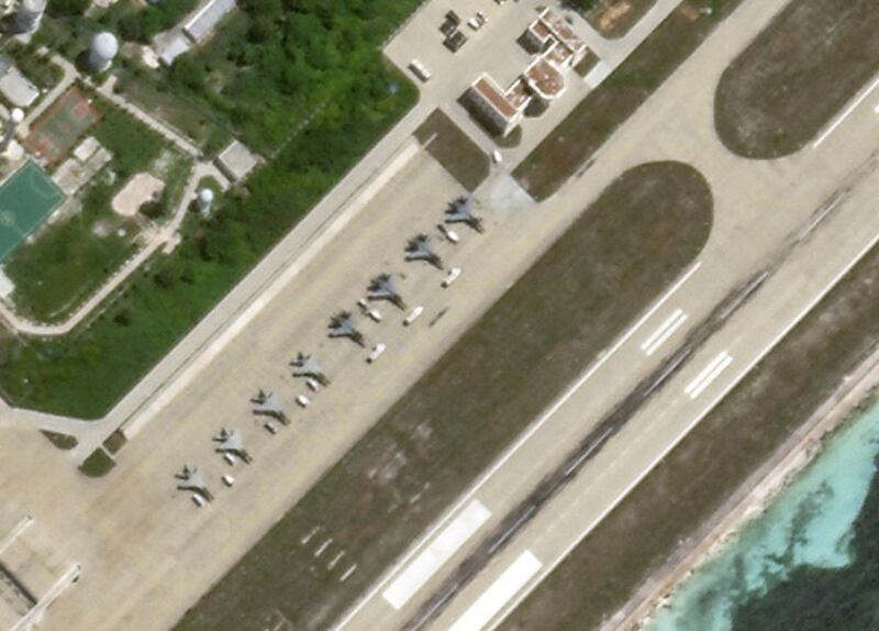 Eight fighter aircraft are visible on the Woody Island airstrip, China's largest settlement in the Paracels in the South China Sea, July 17, 2020. [Planet Labs Inc.]