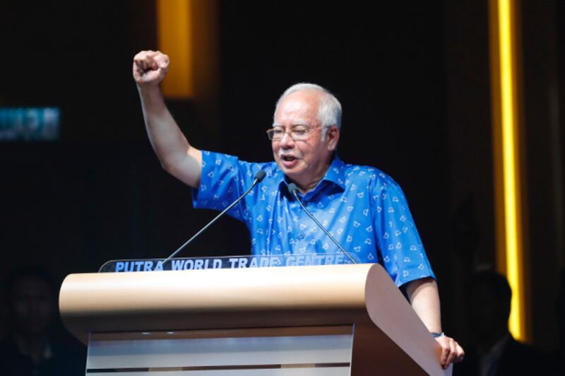 Malaysian Prime Minister Najib Razak, gestures during a speech to supporters of the ruling coalition in Kuala Lumpur, Jan. 3, 2018. [AP]