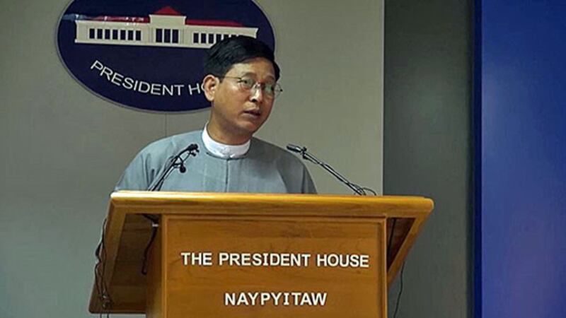 Myanmar government spokesman Zaw Htay comments on a decision by the International Criminal Court concerning jurisdiction over the alleged crime of deportation of hundreds of thousands of Rohingya, at a press conference in Naypyidaw, Sept. 7, 2018. [RFA]
