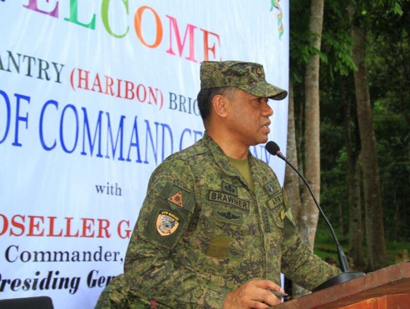 Col. Romeo Brawner Jr. speaks to troops in Marawi after assuming command of the 103rd Infantry (Haribon) Brigade, Dec. 18, 2018. (Richel V. Umel/BenarNews)